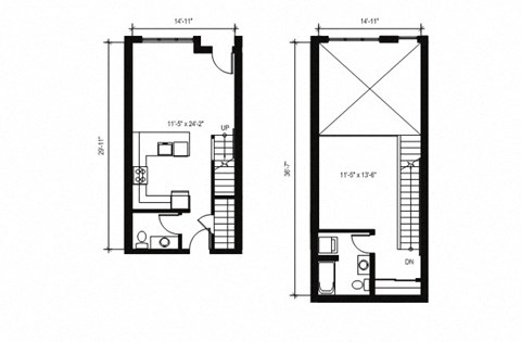 Floor plan for 1 bed, 1.5 baths, 801 sqft